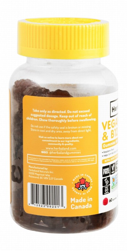 Herbaland 25mcg Vitamin D3 & 850mcg B12 Gummy Supplements Raspberry Flavor for Red Blood Cell Production - vegan, sugar free, gluten free
