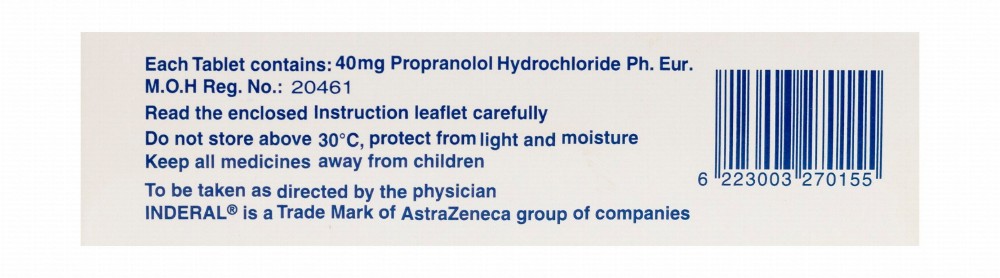Inderal 40mg Propanolol Hydrochloride