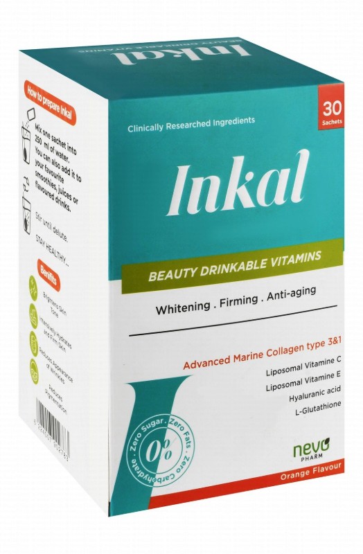 Inkal 9g Advanced Marine Collagen Type 1 & 3 Whitening, Firming & Anti-Aging Support Supplement Sachets Orange Flavor with L-Glutathione, Liposomal Vitamins C & E - sugar free, fat free, carbohydrates free