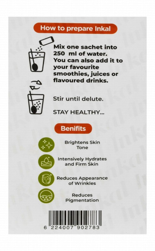 Inkal 9g Advanced Marine Collagen Type 1 & 3 Whitening, Firming & Anti-Aging Support Supplement Sachets Orange Flavor with L-Glutathione, Liposomal Vitamins C & E - sugar free, fat free, carbohydrates free