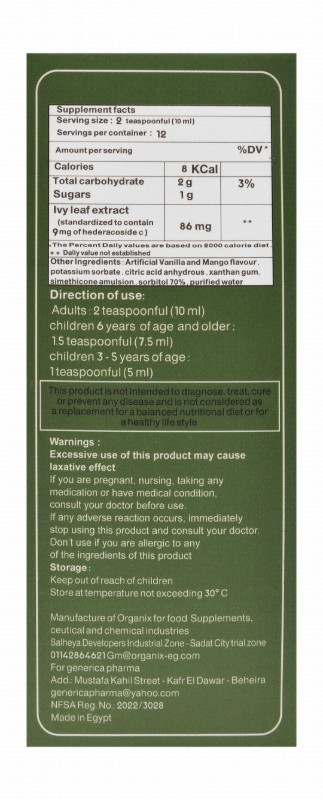 Ivy Herb 86mg Ivy Leaf Extract Respiratory System Health Support Supplement Syrup Vanilla & Mango Flavor