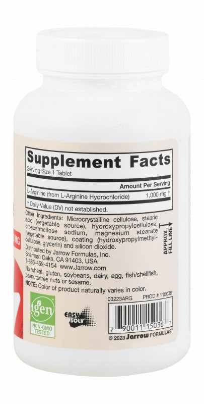Jarrow Formulas 1000mg Arginine Supplement for Vascular, Nitric Oxide & Protein Synthesis Health - vegan, GMO free, gluten free
