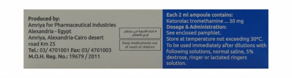 Ketolac 30mg/2ml Ketorolac Tromethamine Potent Analgesic Ampoules for Intramuscular & Intravenous Infusion