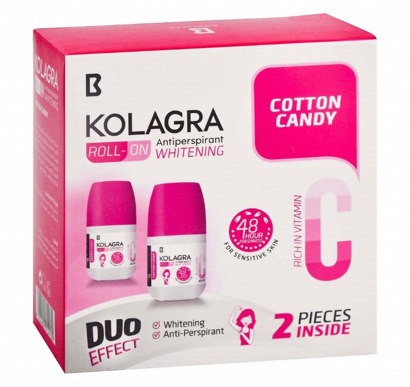 Kolagra 48H Antiperspirant Whitening Roll-On Deodorants Cotton Candy Scent with Vitamin C for Sensitive Skin - alcohol free, aluminum salts free, parabens free