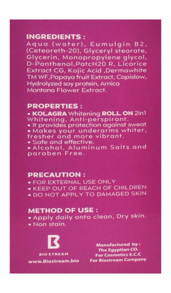 Kolagra 48H Antiperspirant Whitening Roll-On Deodorants Elder Rose Scent with Vitamin C for Sensitive Skin - alcohol free, aluminum salts free, parabens free