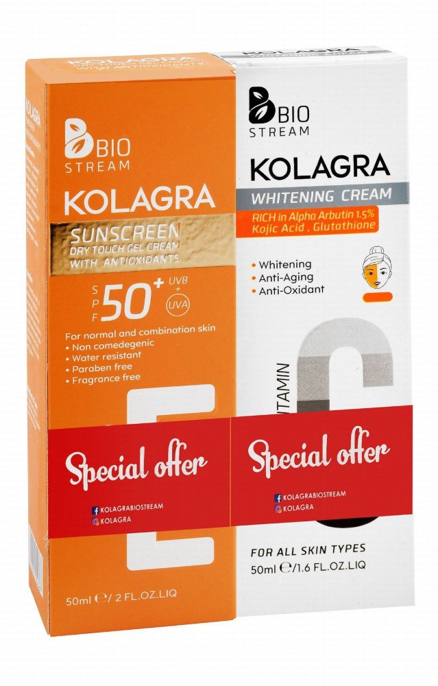 Kolagra Water-Resistant Dry Touch Sunscreen Gel Cream with Antioxidants for Normal & Combination Skin SPF50+ (50ml) & Whitening, Anti-Aging & Anti-Oxidant Face Cream with Vitamin C, Alpha Arbutin & Kojic Acid for All Skin Types (50ml) (Special Offer)