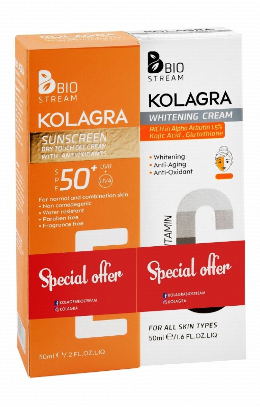Kolagra Water-Resistant Dry Touch Sunscreen Gel Cream with Antioxidants for Normal & Combination Skin SPF50+ (50ml) & Whitening, Anti-Aging & Anti-Oxidant Face Cream with Vitamin C, Alpha Arbutin & Kojic Acid for All Skin Types (50ml) (Special Offer)