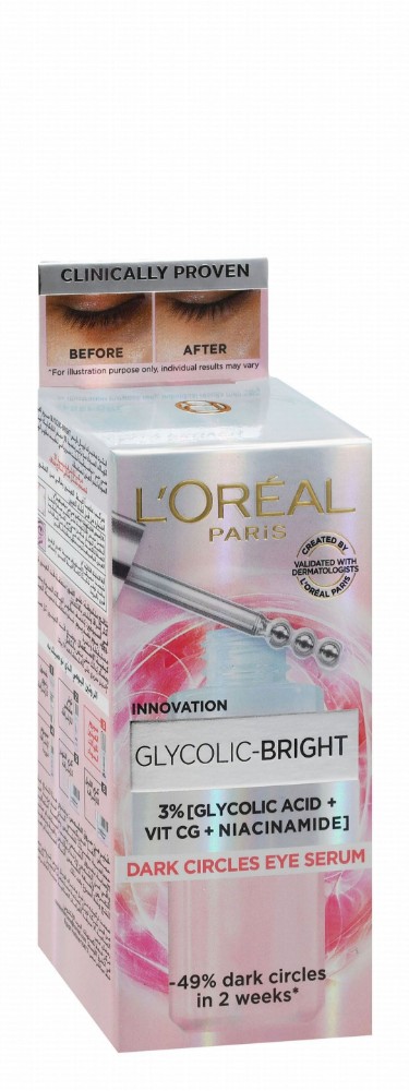 L'Oreal Glycolic-Bright Anti-Dark Circles Eye Serum with Glycolic Acid, Vitamin CG & Niacinamide - fragrance free