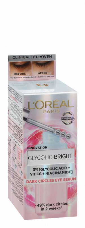 L'Oreal Glycolic-Bright Anti-Dark Circles Eye Serum with Glycolic Acid, Vitamin CG & Niacinamide - fragrance free