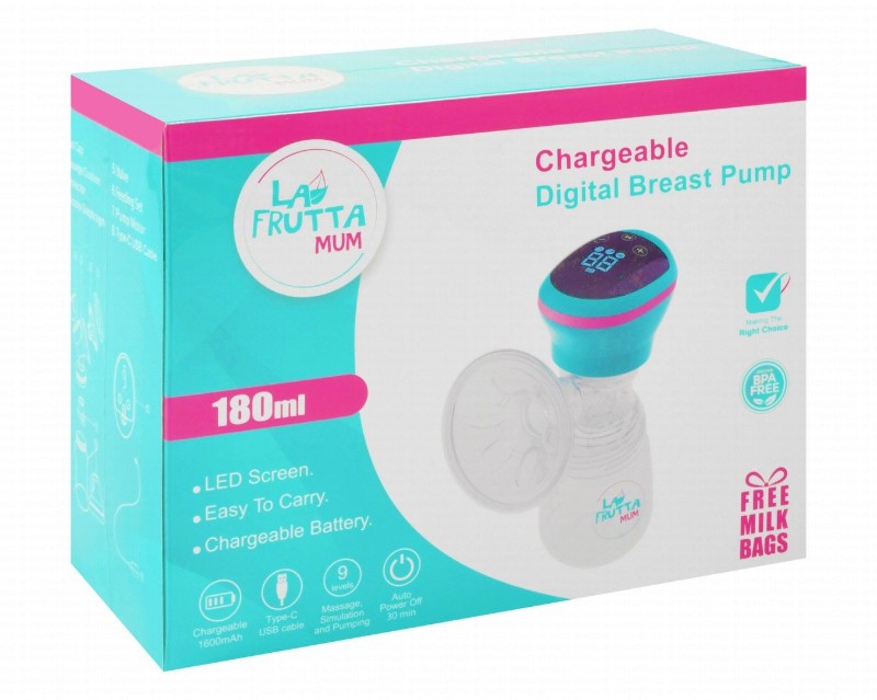 La Frutta Mum Clear & Turquoise 180ml Chargeable Digital Breast Pump Set with Free Milk Bags - BPA free