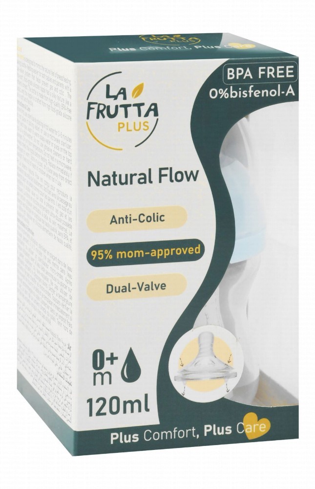 La Frutta Plus Natural Flow Dual-Valve Blue & Clear 120ml Anti-Colic Plastic Feeding Bottle (2+ Months) - BPA free
