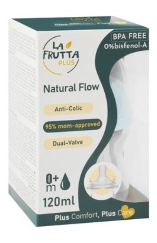 La Frutta Plus Natural Flow Dual-Valve Blue & Clear 120ml Anti-Colic Plastic Feeding Bottle (2+ Months) - BPA free