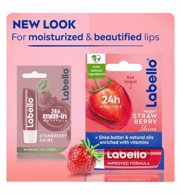 Labello 24H Moisturizing Strawberry Shine Red Tinted Lip Balm with Shea Butter, Natural Oils & Vitamins - vegan, mineral oil free
