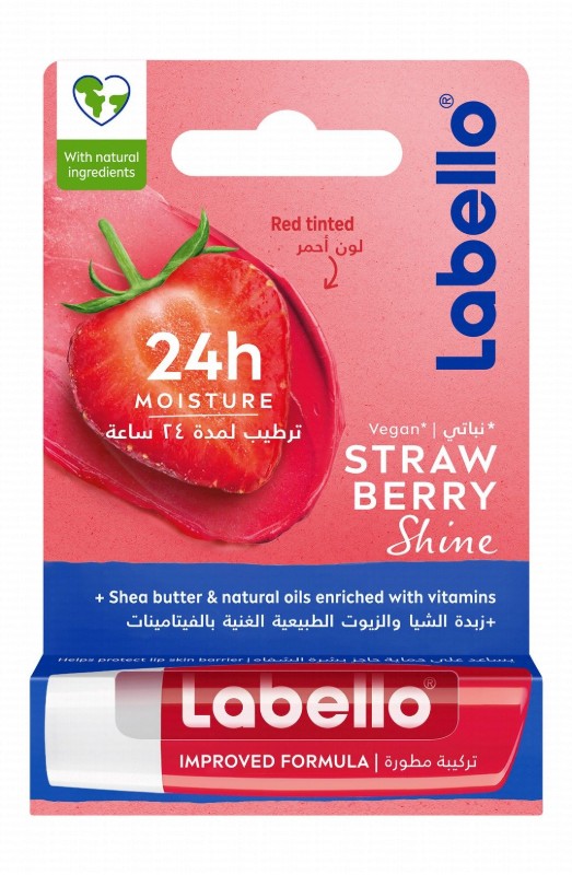 Labello 24H Moisturizing Strawberry Shine Red Tinted Lip Balm with Shea Butter, Natural Oils & Vitamins - vegan, mineral oil free
