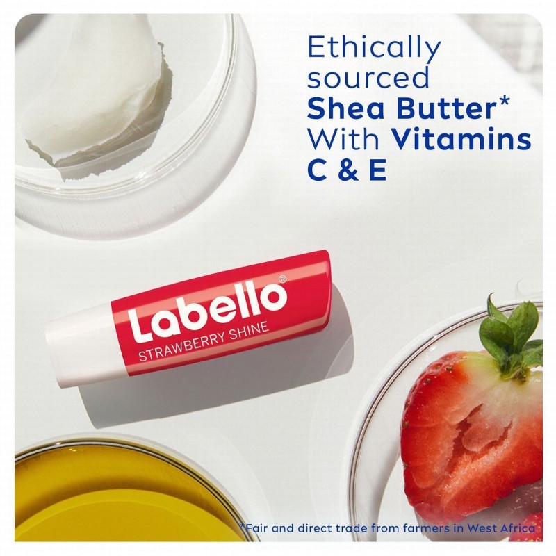 Labello 24H Moisturizing Strawberry Shine Red Tinted Lip Balm with Shea Butter, Natural Oils & Vitamins - vegan, mineral oil free