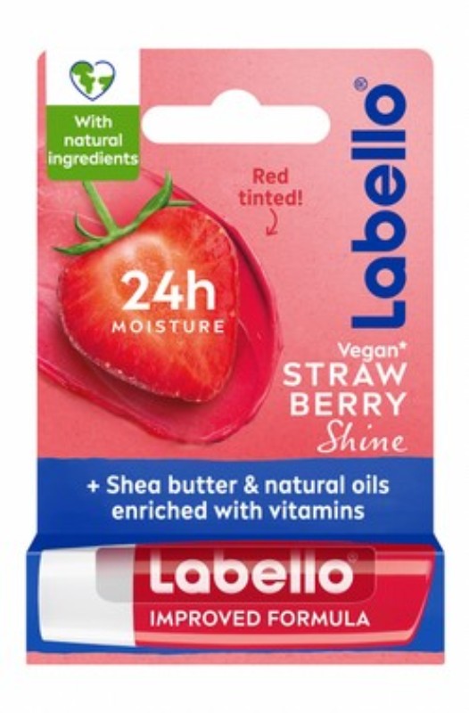 Labello 24H Moisturizing Strawberry Shine Red Tinted Lip Balm with Shea Butter, Natural Oils & Vitamins - vegan, mineral oil free