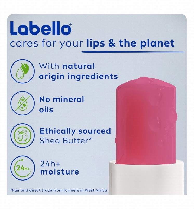 Labello 24H Moisturizing Watermelon Shine Pinky Tinted Lip Balm with Shea Butter, Natural Oils & Vitamins - vegan, mineral oil free