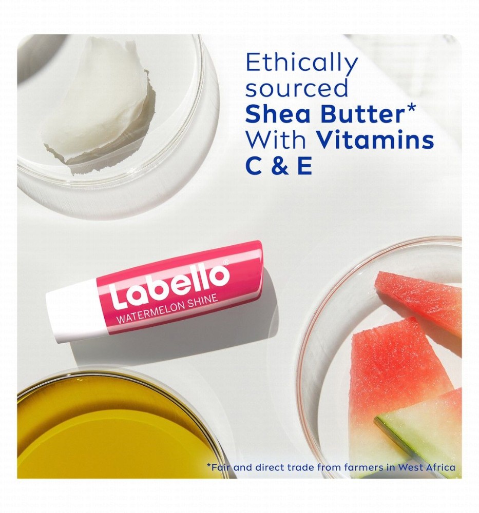 Labello 24H Moisturizing Watermelon Shine Pinky Tinted Lip Balm with Shea Butter, Natural Oils & Vitamins - vegan, mineral oil free