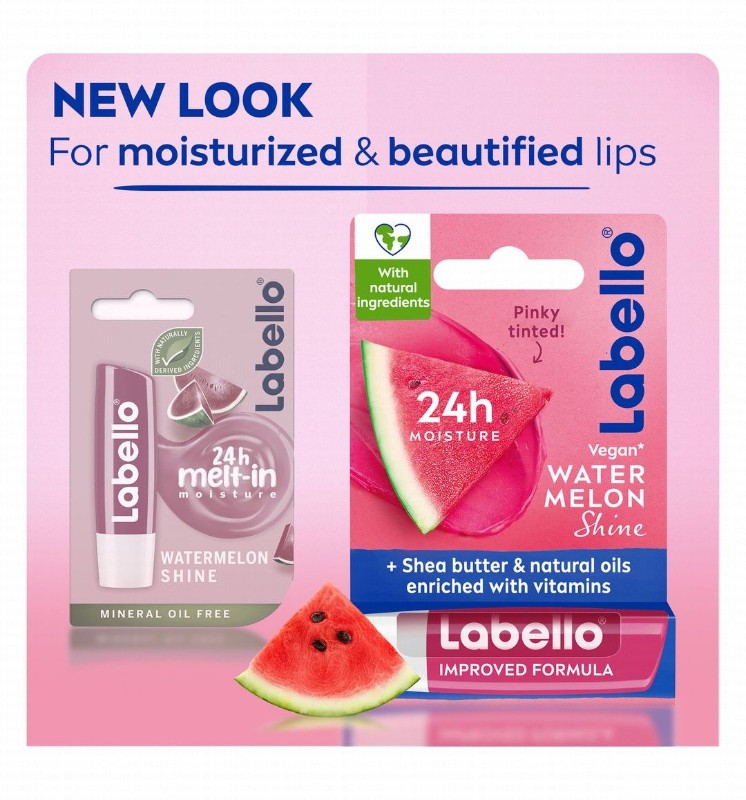 Labello 24H Moisturizing Watermelon Shine Pinky Tinted Lip Balm with Shea Butter, Natural Oils & Vitamins - vegan, mineral oil free