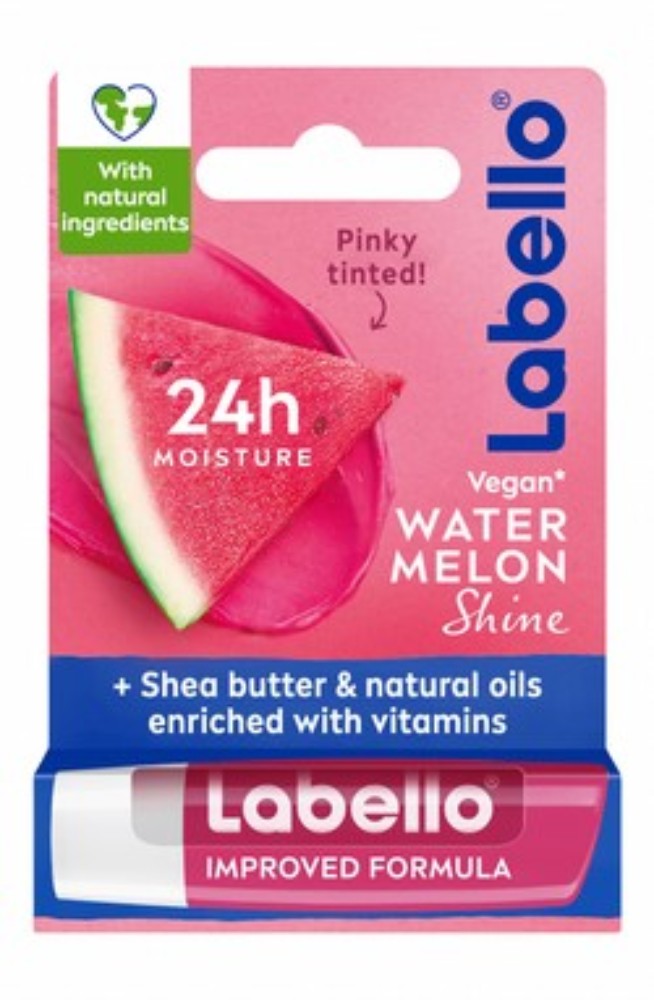 Labello 24H Moisturizing Watermelon Shine Pinky Tinted Lip Balm with Shea Butter, Natural Oils & Vitamins - vegan, mineral oil free