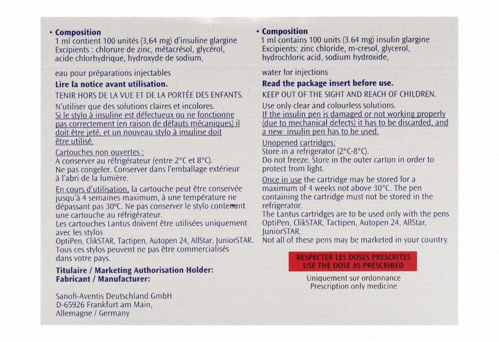 Lantus 100 IU/ml Insulin Glargine Solution Cartridges for Subcutaneous Injection