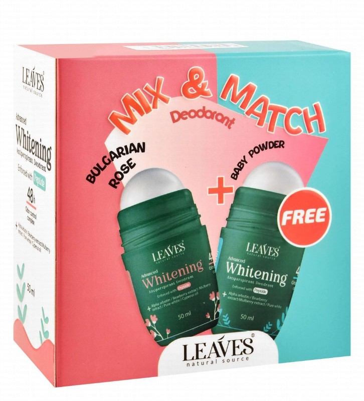 Leaves Mix & Match 48H Whitening & Antiperspirant Roll-On Deodorant Bulgarian Rose & Baby Powder Scent with Peptide, Alpha Arbutin & Bearberry Extract (1+1 Free)
