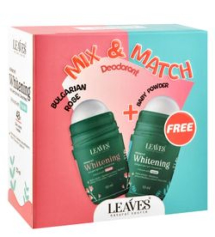 Leaves Mix & Match 48H Whitening & Antiperspirant Roll-On Deodorant Bulgarian Rose & Baby Powder Scent with Peptide, Alpha Arbutin & Bearberry Extract (1+1 Free)