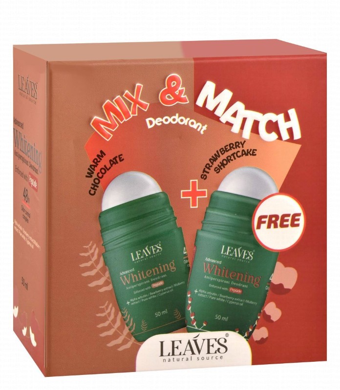 Leaves Mix & Match 48H Whitening & Antiperspirant Roll-On Deodorant Warm Chocolate & Strawberry Shortcake Scent with Peptide, Alpha Arbutin & Bearberry Extract (1+1 Free)