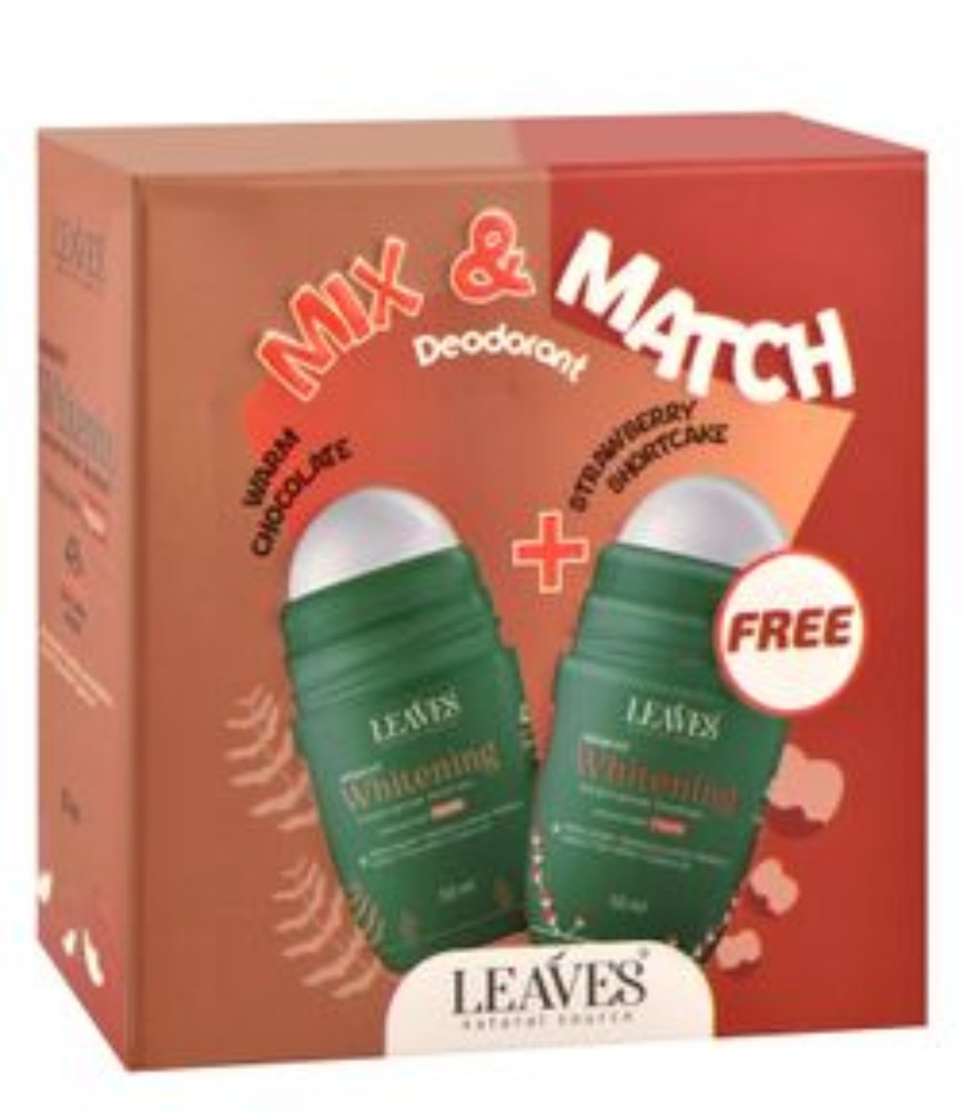 Leaves Mix & Match 48H Whitening & Antiperspirant Roll-On Deodorant Warm Chocolate & Strawberry Shortcake Scent with Peptide, Alpha Arbutin & Bearberry Extract (1+1 Free)