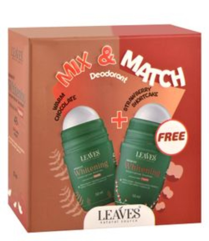 Leaves Mix & Match 48H Whitening & Antiperspirant Roll-On Deodorant Warm Chocolate & Strawberry Shortcake Scent with Peptide, Alpha Arbutin & Bearberry Extract (1+1 Free)