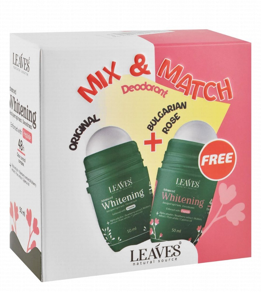 Leaves Mix & Match Original 48H Whitening & Antiperspirant Roll-On Deodorant & Bulgarian Rose Scent with Peptide, Alpha Arbutin & Bearberry Extract (1+1 Free)