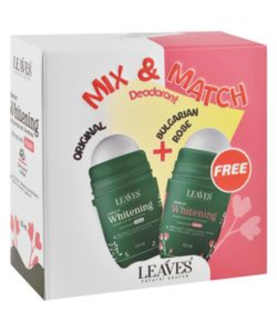 Leaves Mix & Match Original 48H Whitening & Antiperspirant Roll-On Deodorant & Bulgarian Rose Scent with Peptide, Alpha Arbutin & Bearberry Extract (1+1 Free)