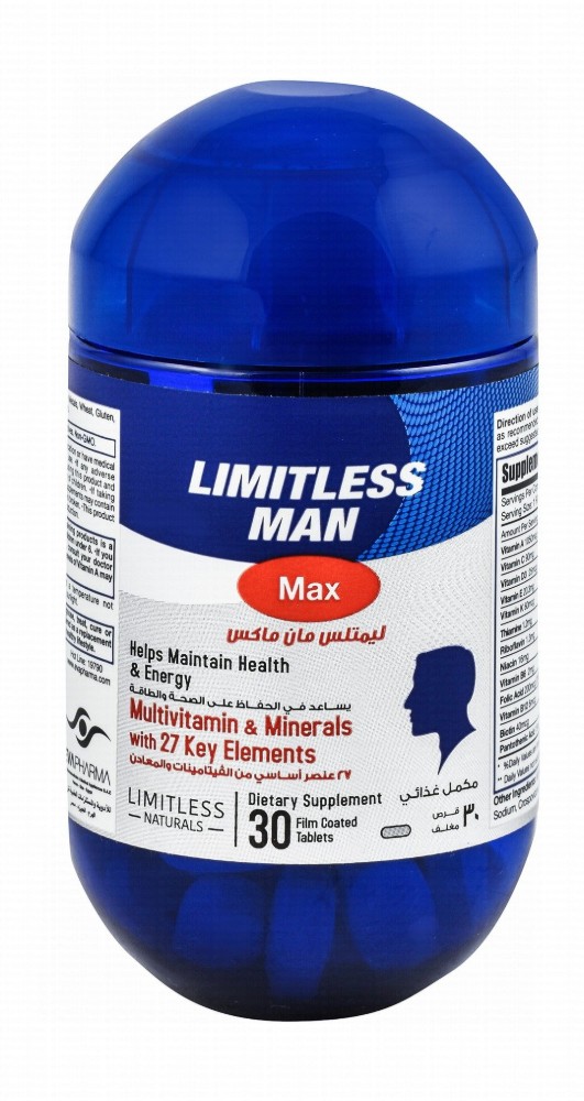 Limitless Naturals Man Max Multivitamin & Mineral Energy Booster Supplement - GMO free, gluten free, preservatives free
