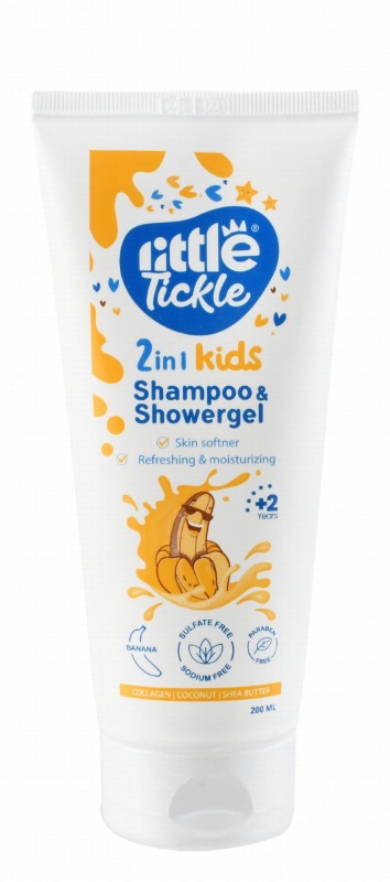 Little Tickle 2in1 Refreshing, Softening & Moisturizing Kids Shampoo & Shower Gel Banana Scent with Collagen, Coconut & Shea Butter (2+ Years) - sulfate free, parabens free, sodium free