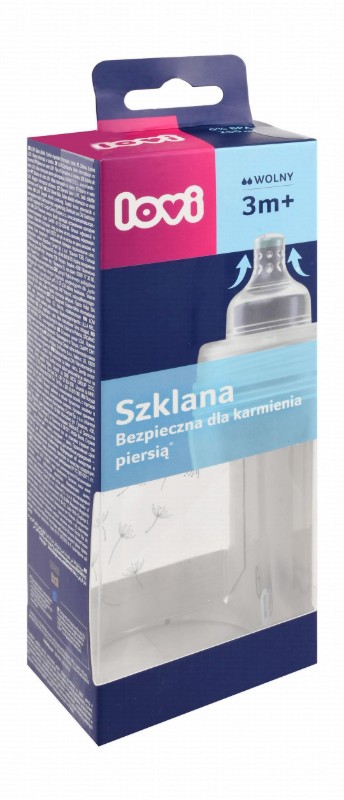 Lovi Clear Printed 250ml Anti-Colic Free Flow Glass Feeding Bottle (3+ Months) - BPA free