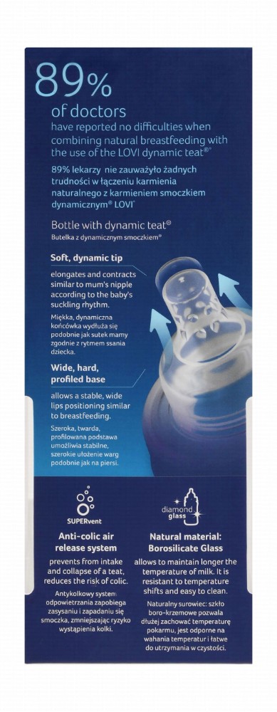 Lovi Clear Printed 250ml Anti-Colic Free Flow Glass Feeding Bottle (3+ Months) - BPA free