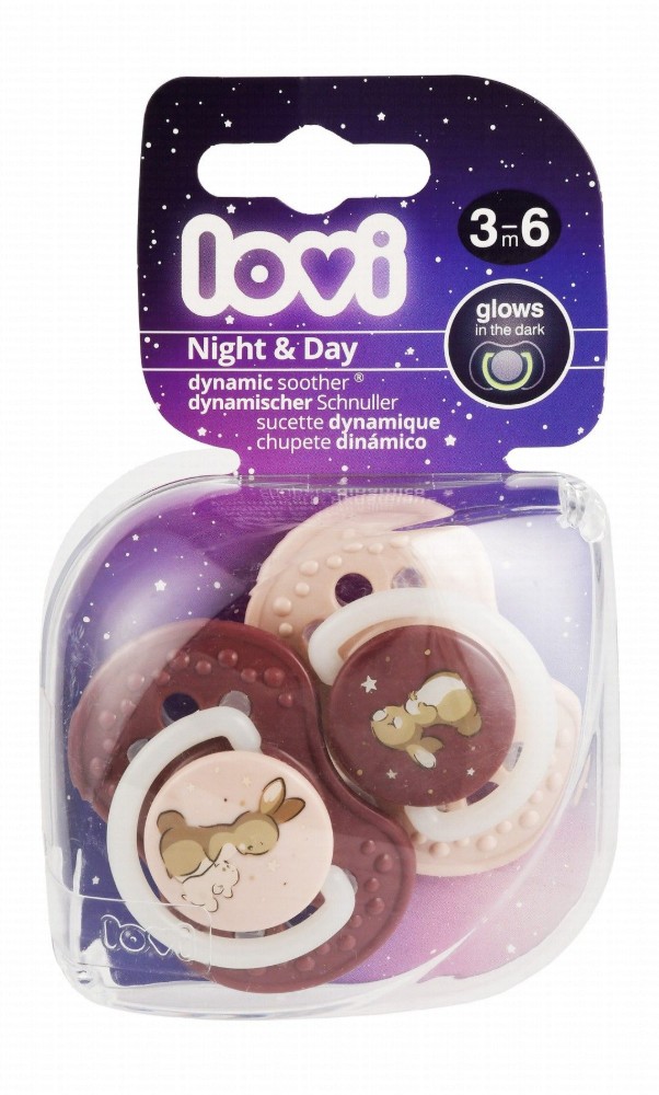 Lovi Night & Day Brown & Beige Rabbit Print Glow in the Dark Dynamic Silicone Soothers (3-6 Months) - BPA free