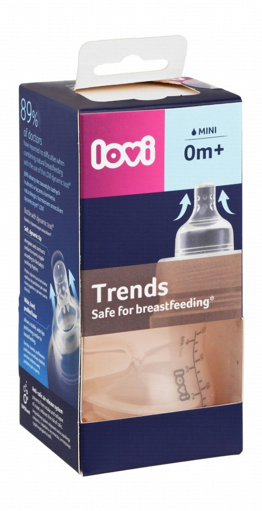 Lovi Trends Mini Pink & Clear 120ml Anti-Colic Wide Neck Feeding Bottle (0+ Months) - BPA free