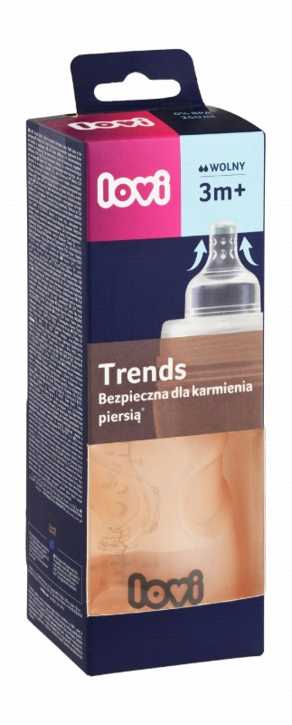 Lovi Trends Pink & Clear 250ml Anti-Colic Wide Neck Slow Flow Feeding Bottle (3+ Months) - BPA free