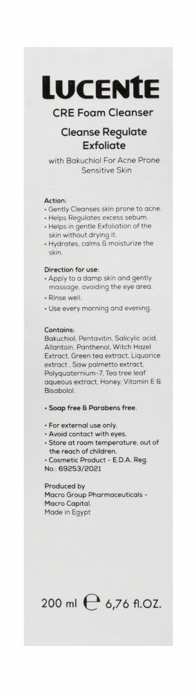Lucente CRE Exfoliating Foaming Facial Cleanser with Bakuchiol for Acne-Prone & Sensitive Skin - soap free, parabens free