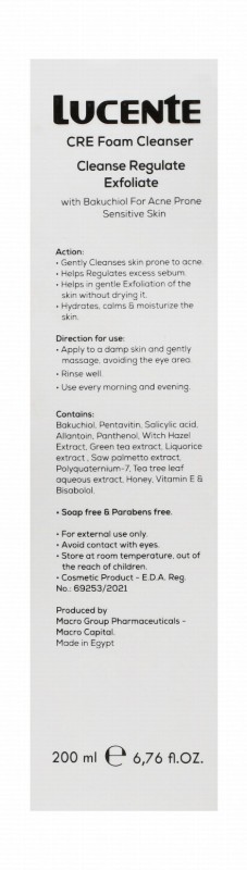 Lucente CRE Exfoliating Foaming Facial Cleanser with Bakuchiol for Acne-Prone & Sensitive Skin - soap free, parabens free