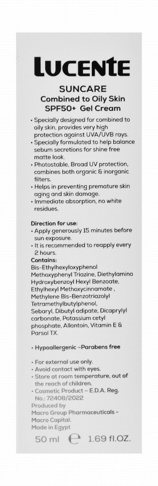 Lucente Suncare Hypoallergenic Broad Spectrum Protection Anti-Shine Sunscreen Gel Cream with Sebaryl for Combination to Oily Skin SPF50+ PA++++ - parabens free