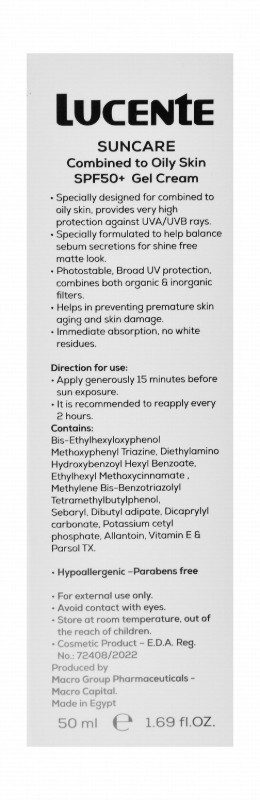 Lucente Suncare Hypoallergenic Broad Spectrum Protection Anti-Shine Sunscreen Gel Cream with Sebaryl for Combination to Oily Skin SPF50+ PA++++ - parabens free