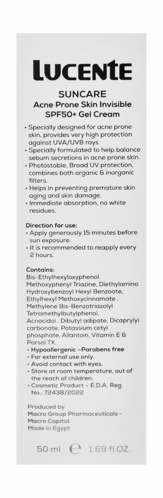 Lucente Suncare Hypoallergenic Sebum Regulating & Antibacterial Broad Spectrum Sunscreen Gel Cream with Acnacidol for Acne-Prone Skin SPF50+ PA++++ - parabens free