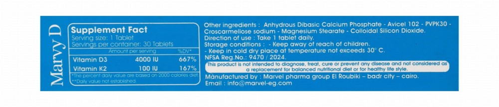 Marvy D 4000 IU Vitamin D3 & 100 IU Vitamin K2 Bones, Immune & Normal Muscle Function Health Support Supplement