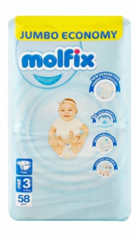 Molfix Hypoallergenic Medium Baby Diapers Size 3 (4-9kg) - BPA free, latex free, parabens free