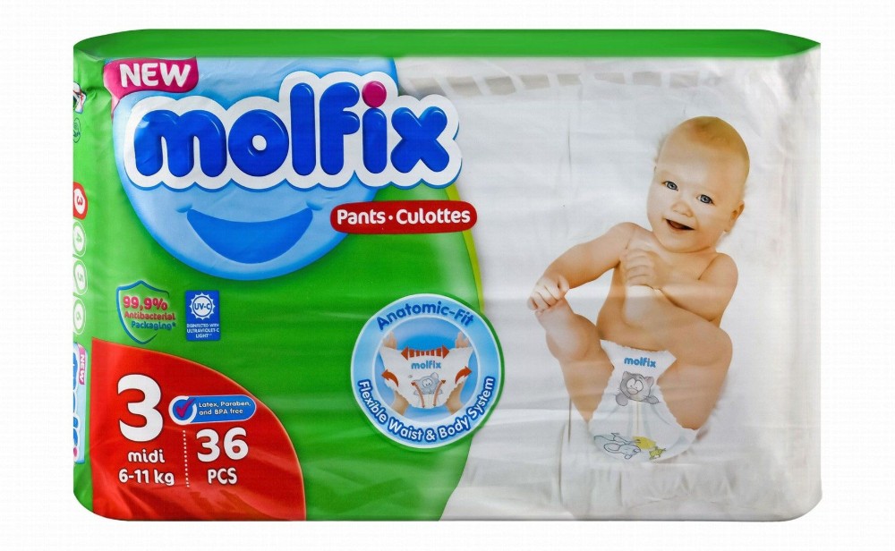 Molfix Medium Baby Diaper Pants Size 3 (6-11kg) with Aloe Vera & Chamomile Extracts - BPA free, latex free, parabens free