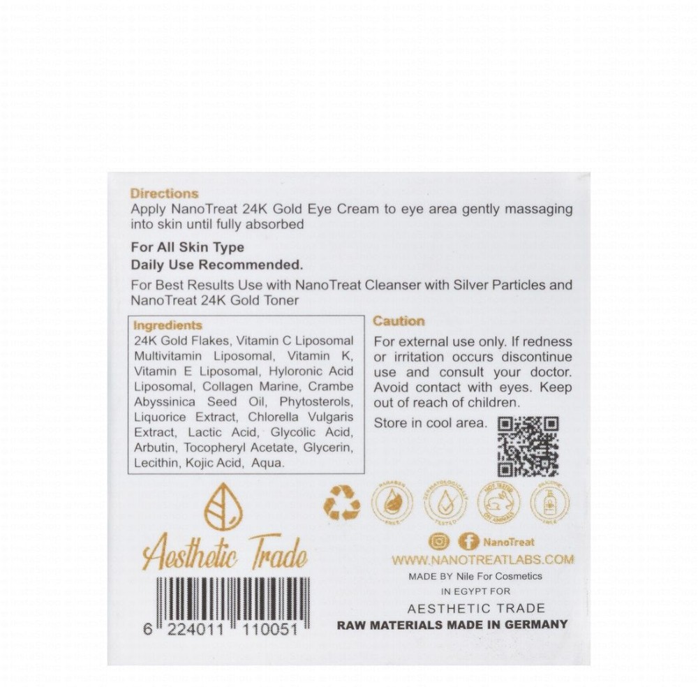 Nano Treat Anti-Dark Circles, Anti-Wrinkle & Anti-Puffiness Eye Cream with 24K Gold for All Skin Types - silicone free, parabens free, animal testing free