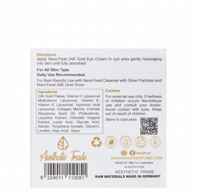 Nano Treat Anti-Dark Circles, Anti-Wrinkle & Anti-Puffiness Eye Cream with 24K Gold for All Skin Types - silicone free, parabens free, animal testing free