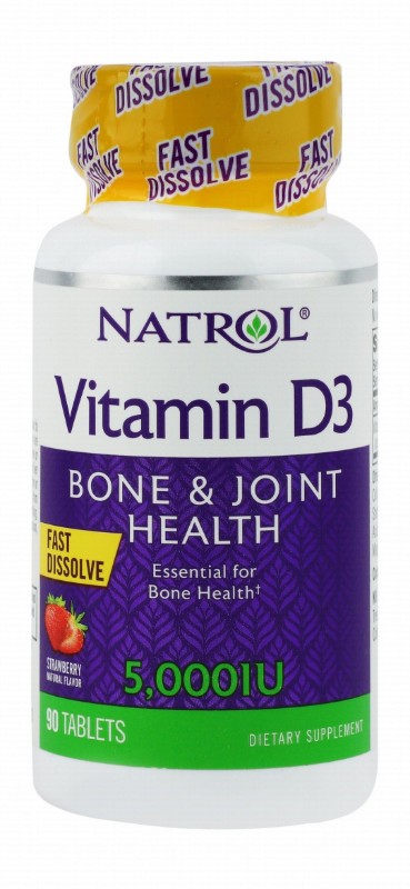 Natrol 5000 IU Vitamin D3 Supplement Strawberry Flavor for Bone & Joint Support - artificial colors, flavors & preservatives free